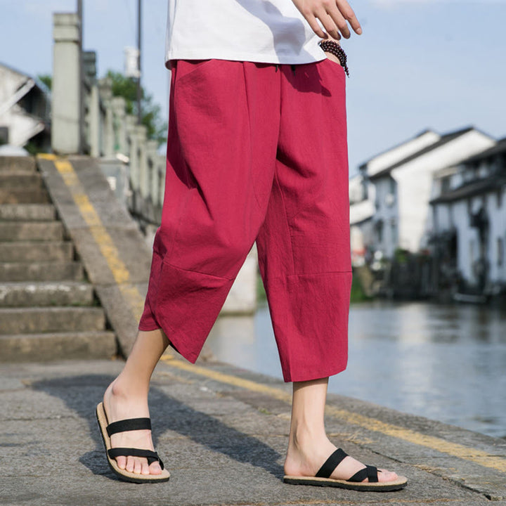 Pantaloni da uomo in lino e cotone, con coulisse, lunghezza 7-8, con tasche, modello Buddha Stones, casual, semplici e semplici, con design affusolato.