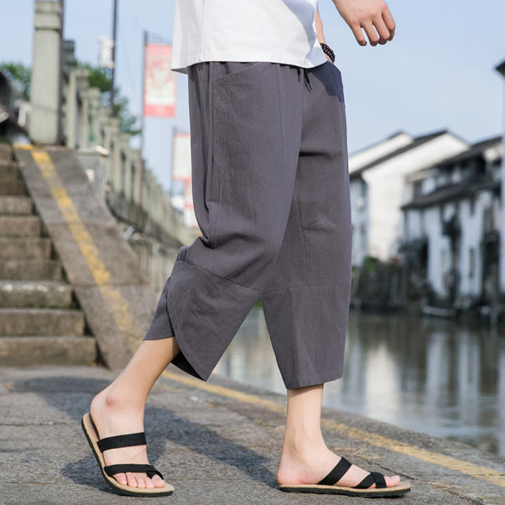 Pantaloni da uomo in lino e cotone, con coulisse, lunghezza 7-8, con tasche, modello Buddha Stones, casual, semplici e semplici, con design affusolato.