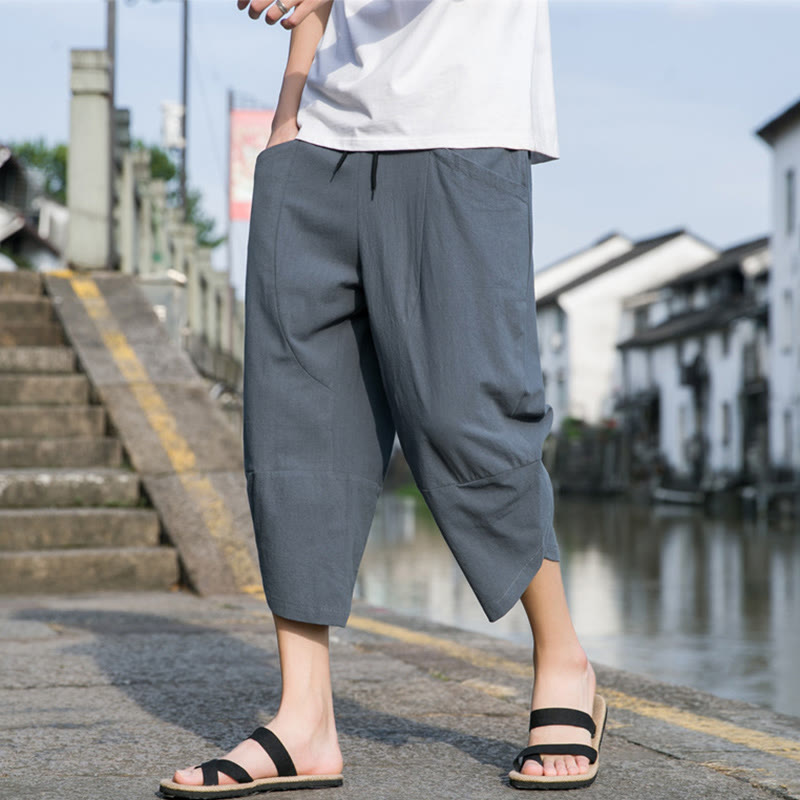 Pantaloni da uomo in lino e cotone, con coulisse, lunghezza 7-8, con tasche, modello Buddha Stones, casual, semplici e semplici, con design affusolato. - SteelBlue - US/UK/AU46, EU56 (5XL) - image 0