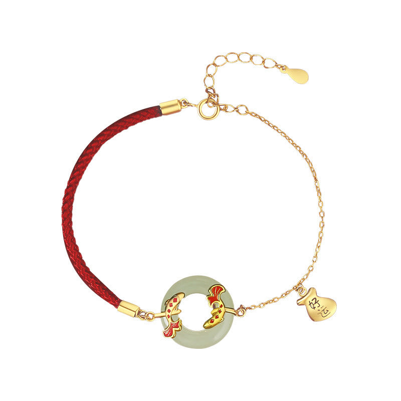 Braccialetto portafortuna della ricchezza con fibbia della pace con pesce Koi in argento Buddha Stones 999 e giada bianca di Hetian