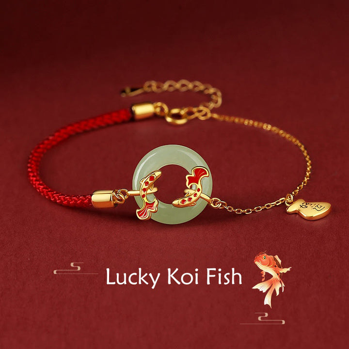 Braccialetto portafortuna della ricchezza con fibbia della pace con pesce Koi in argento Buddha Stones 999 e giada bianca di Hetian