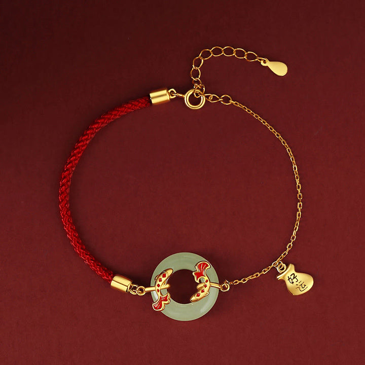 Braccialetto portafortuna della ricchezza con fibbia della pace con pesce Koi in argento Buddha Stones 999 e giada bianca di Hetian - image 1