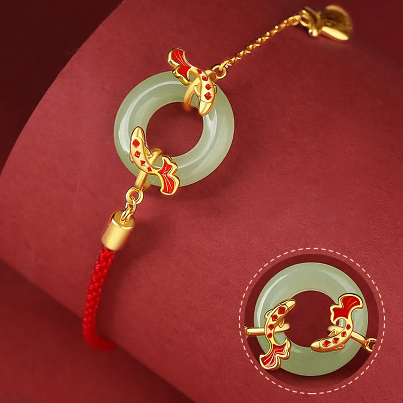 Braccialetto portafortuna della ricchezza con fibbia della pace con pesce Koi in argento Buddha Stones 999 e giada bianca di Hetian