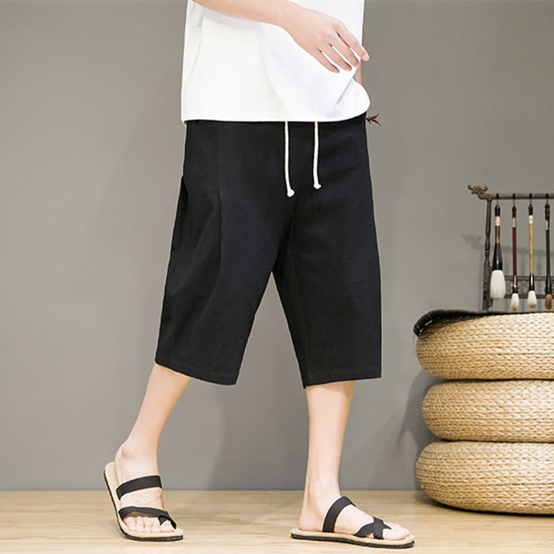 Pantaloni harem da uomo in cotone e lino, con tasche , Buddha Stones, casual, estivi, con coulisse, tinta unita