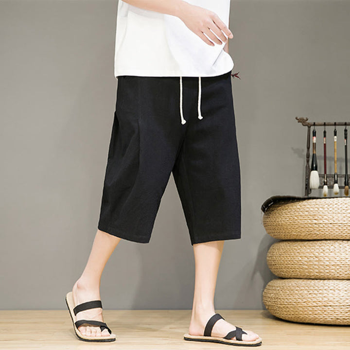 Pantaloni harem da uomo in cotone e lino, con tasche , Buddha Stones, casual, estivi, con coulisse, tinta unita