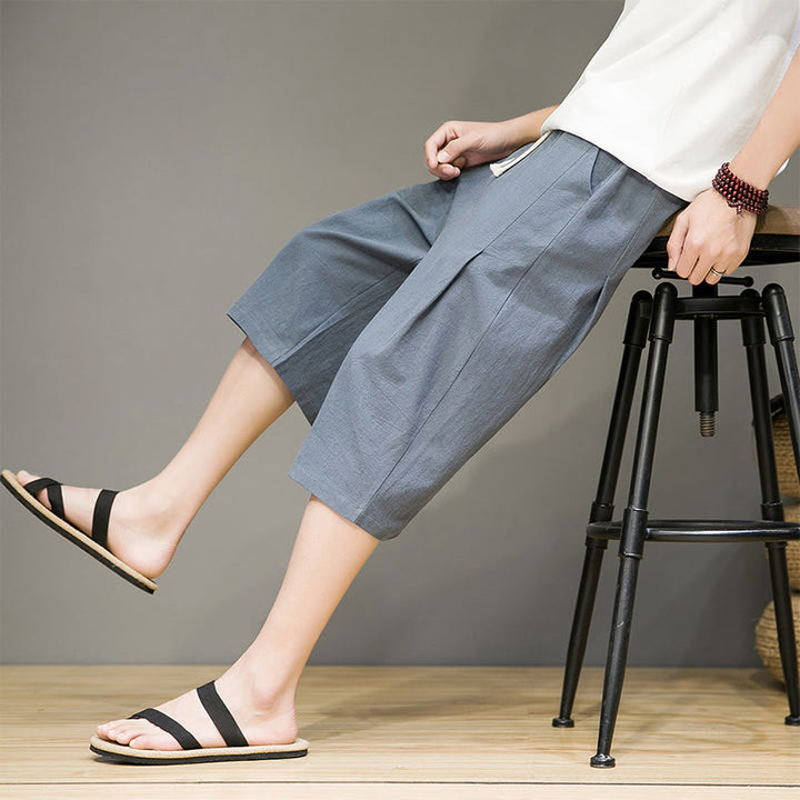 Pantaloni harem da uomo in cotone e lino, con tasche , Buddha Stones, casual, estivi, con coulisse, tinta unita