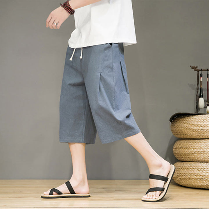 Pantaloni harem da uomo in cotone e lino, con tasche , Buddha Stones, casual, estivi, con coulisse, tinta unita