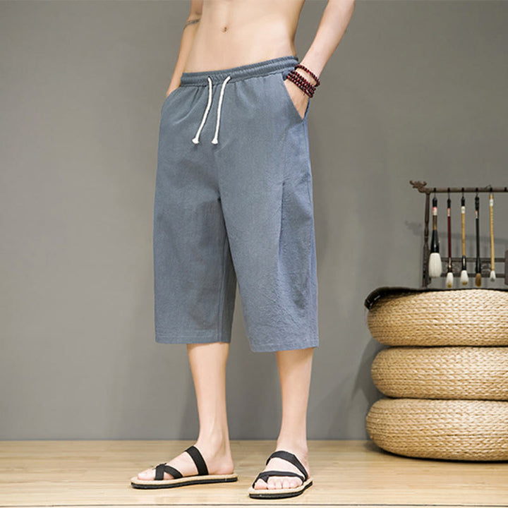 Pantaloni harem da uomo in cotone e lino, con tasche , Buddha Stones, casual, estivi, con coulisse, tinta unita