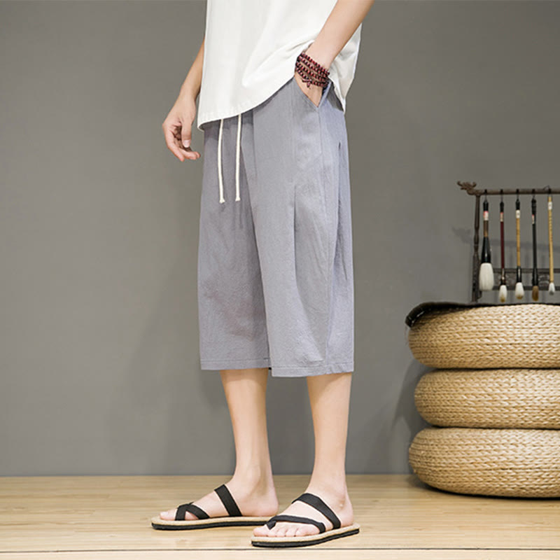 Pantaloni harem da uomo in cotone e lino, con tasche , Buddha Stones, casual, estivi, con coulisse, tinta unita