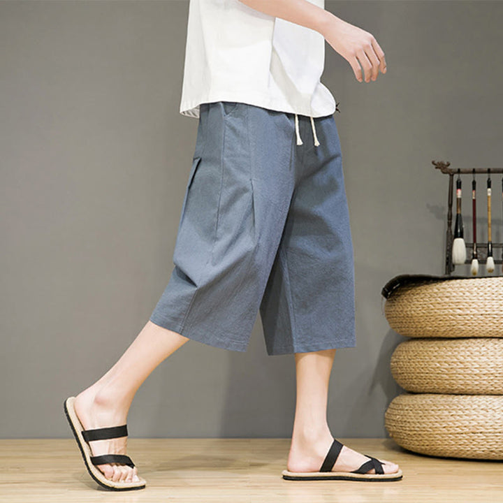 Pantaloni harem da uomo in cotone e lino, con tasche , Buddha Stones, casual, estivi, con coulisse, tinta unita