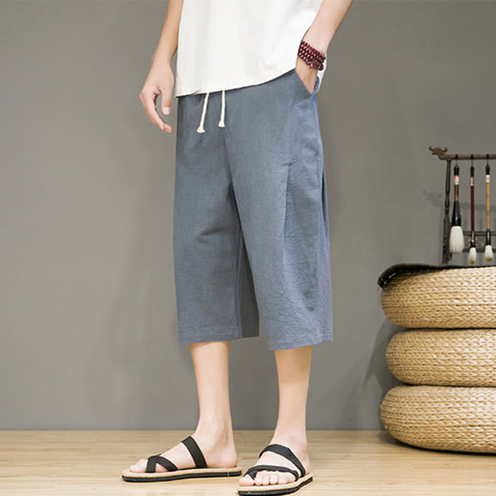 Pantaloni harem da uomo in cotone e lino, con tasche , Buddha Stones, casual, estivi, con coulisse, tinta unita