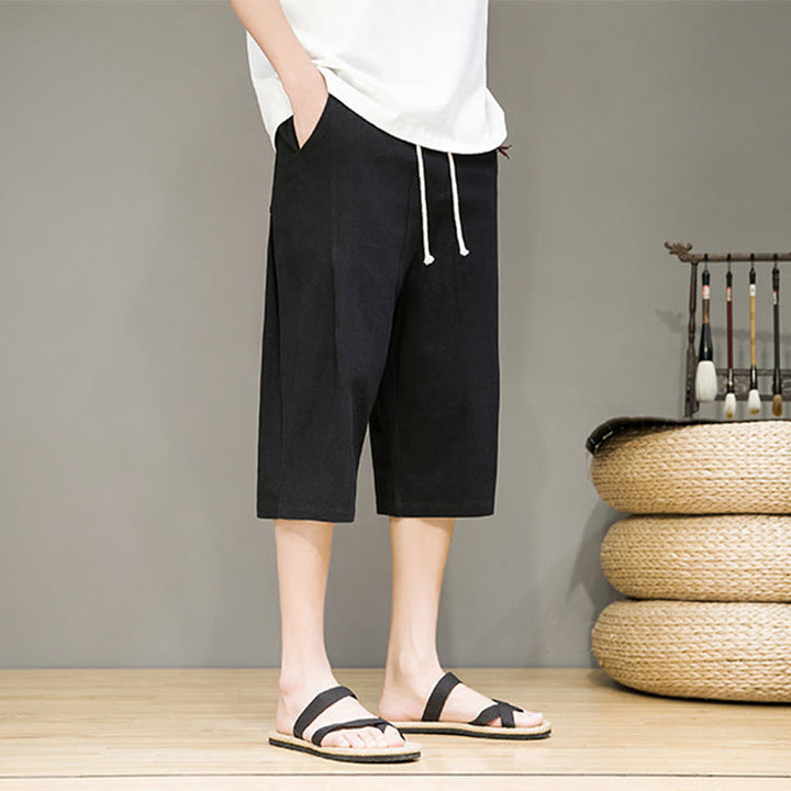 Pantaloni harem da uomo in cotone e lino, con tasche , Buddha Stones, casual, estivi, con coulisse, tinta unita