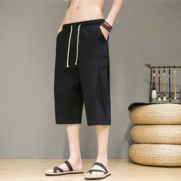 Pantaloni harem da uomo in cotone e lino, con tasche , Buddha Stones, casual, estivi, con coulisse, tinta unita