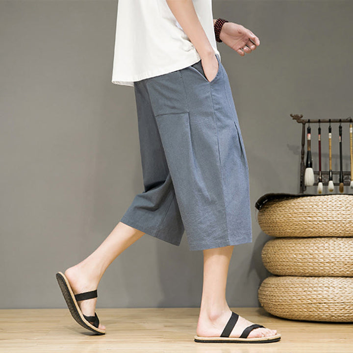 Pantaloni harem da uomo in cotone e lino, con tasche , Buddha Stones, casual, estivi, con coulisse, tinta unita