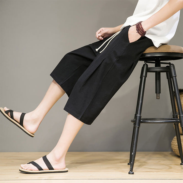 Pantaloni harem da uomo in cotone e lino, con tasche , Buddha Stones, casual, estivi, con coulisse, tinta unita