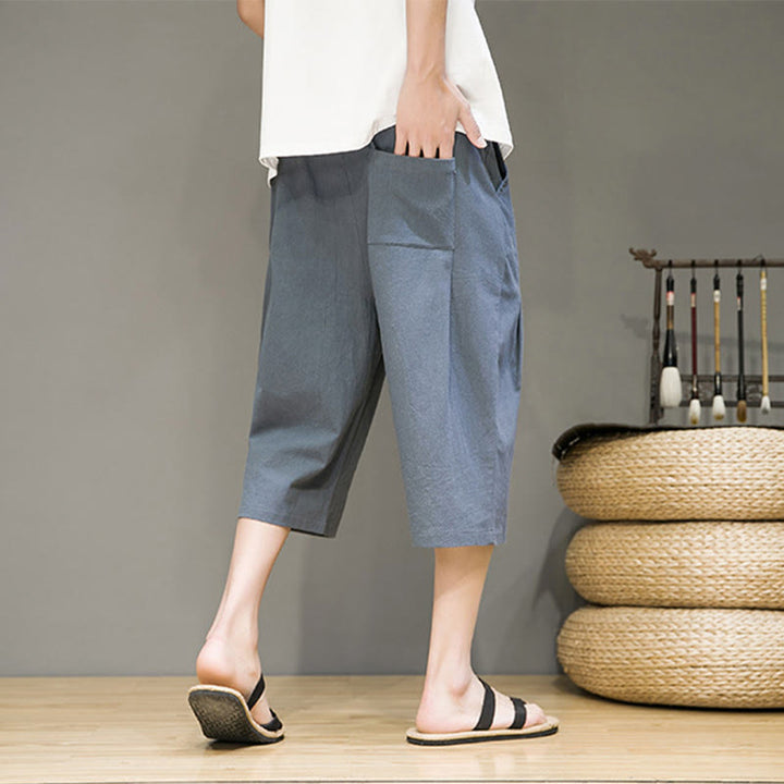 Pantaloni harem da uomo in cotone e lino, con tasche , Buddha Stones, casual, estivi, con coulisse, tinta unita