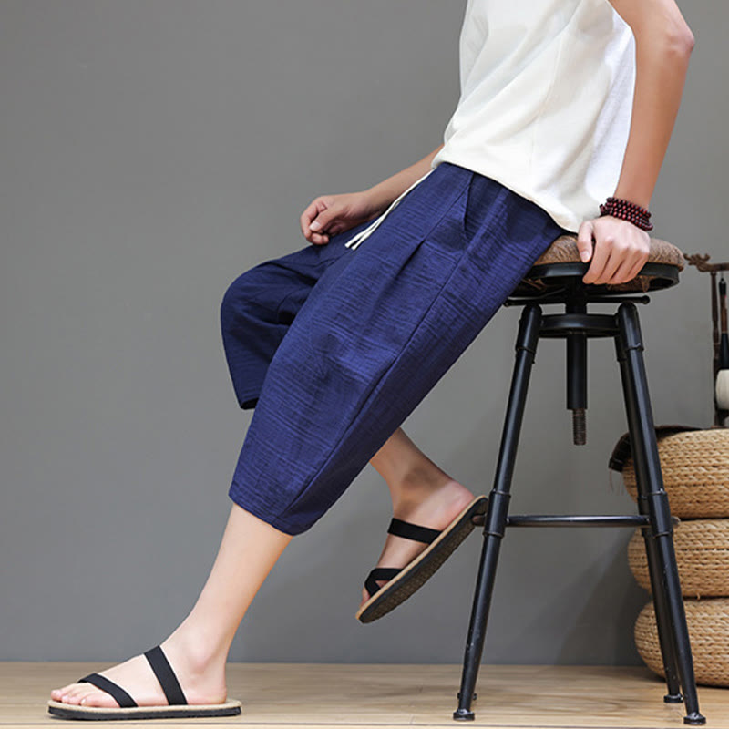 Pantaloni harem da uomo in cotone e lino con coulisse, modello Buddha Stones, vintage, jacquard, tinta unita, con tasche - image 38