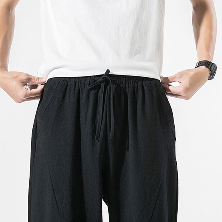 Pantaloni harem da uomo in cotone e lino con coulisse, in tinta unita, con tasche, Buddha Stones Vintage Jacquard - image 17