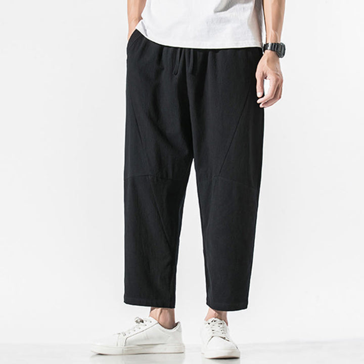 Pantaloni harem da uomo in cotone e lino con coulisse, in tinta unita, con tasche, Buddha Stones Vintage Jacquard - Nero - US/UK/AU46, EU56 (5XL) - image 9