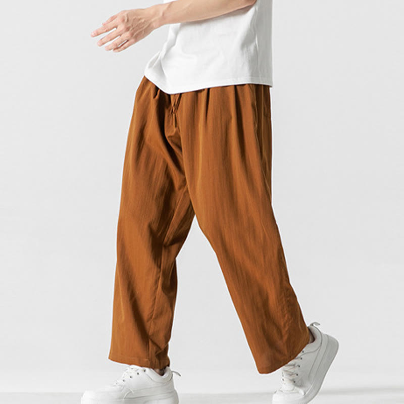 Pantaloni da uomo in cotone e lino con coulisse, con tasche, modello Buddha Stones, casual, estivi, semplici, a gamba dritta