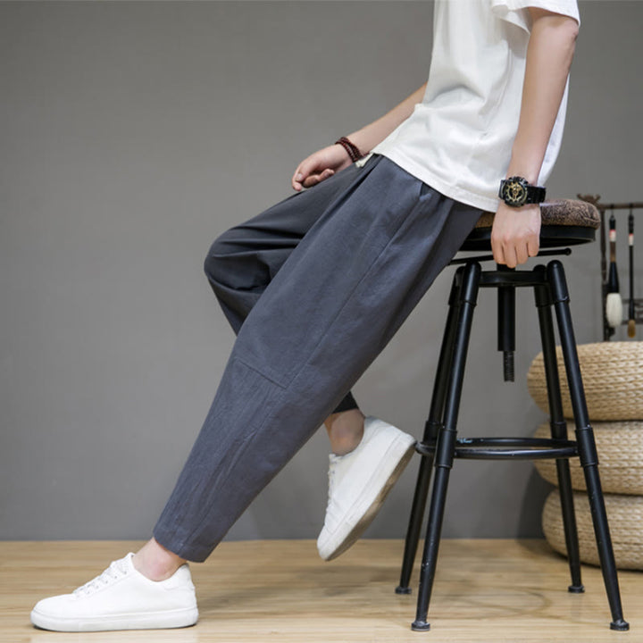 Pantaloni da uomo in cotone e lino con coulisse, con tasche, modello affusolato, casual, colore puro, motivo Buddha Stones