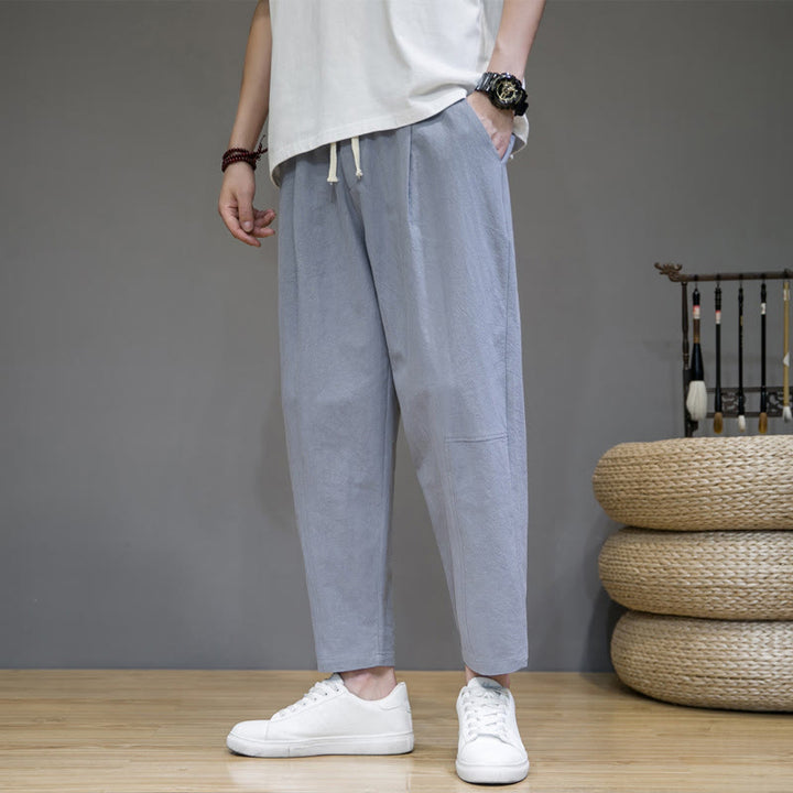 Pantaloni da uomo in cotone e lino con coulisse, con tasche, modello affusolato, casual, colore puro, motivo Buddha Stones