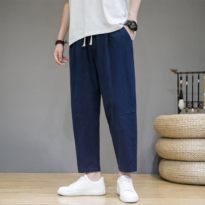 Pantaloni da uomo in cotone e lino con coulisse, con tasche, modello affusolato, casual, colore puro, motivo Buddha Stones