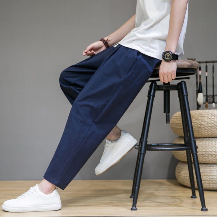 Pantaloni da uomo in cotone e lino con coulisse, con tasche, modello affusolato, casual, colore puro, motivo Buddha Stones