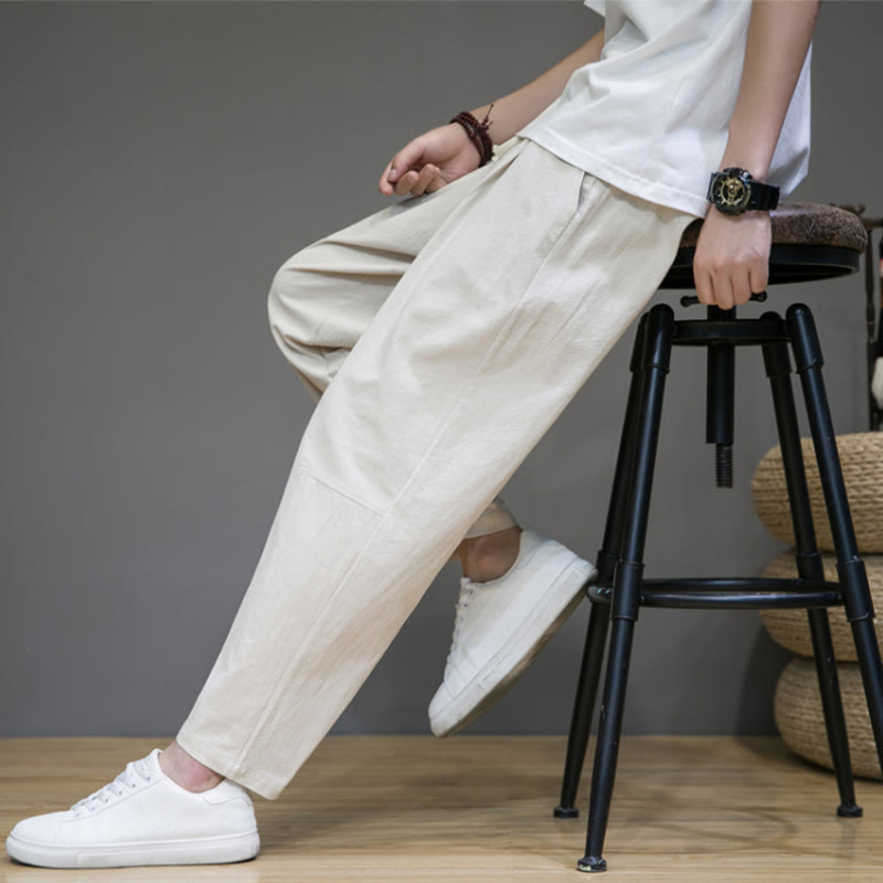 Pantaloni da uomo in cotone e lino con coulisse, con tasche, modello affusolato, casual, colore puro, motivo Buddha Stones