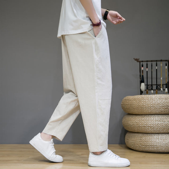 Pantaloni da uomo in cotone e lino con coulisse, con tasche, modello affusolato, casual, colore puro, motivo Buddha Stones
