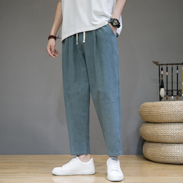 Pantaloni da uomo in cotone e lino con coulisse, con tasche, modello affusolato, casual, colore puro, motivo Buddha Stones