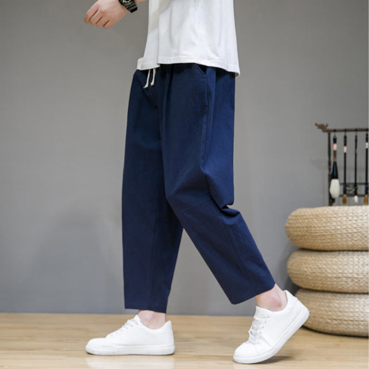 Pantaloni da uomo in cotone e lino con coulisse, con tasche, modello affusolato, casual, colore puro, motivo Buddha Stones