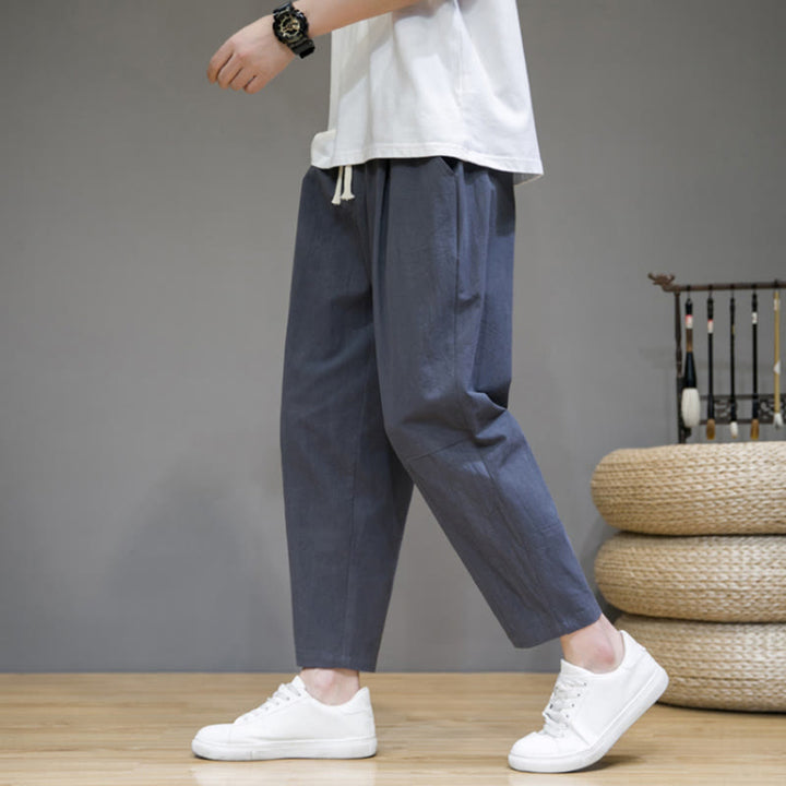 Pantaloni da uomo in cotone e lino con coulisse, con tasche, modello affusolato, casual, colore puro, motivo Buddha Stones