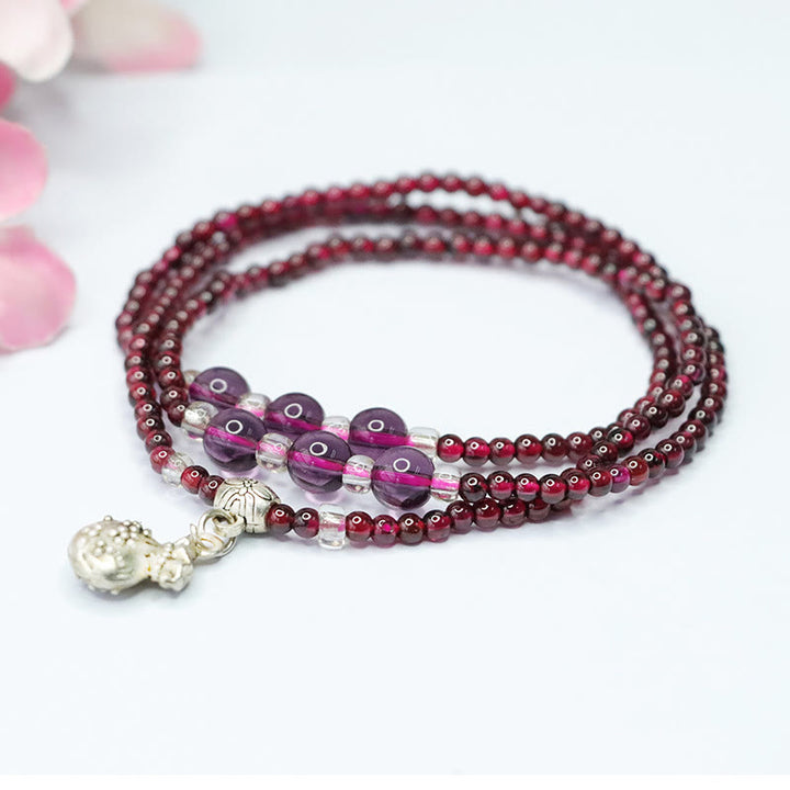 Braccialetto a triplo giro con protezione PiXiu, abaco di elefante, granato naturale, sacchetto portafortuna , Buddha Stones