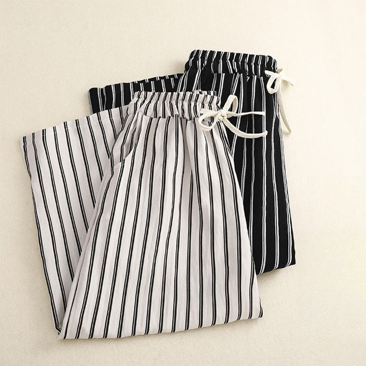 Pantaloni larghi da donna con tasche e lacci a righe in acrilico casual Buddha Stones