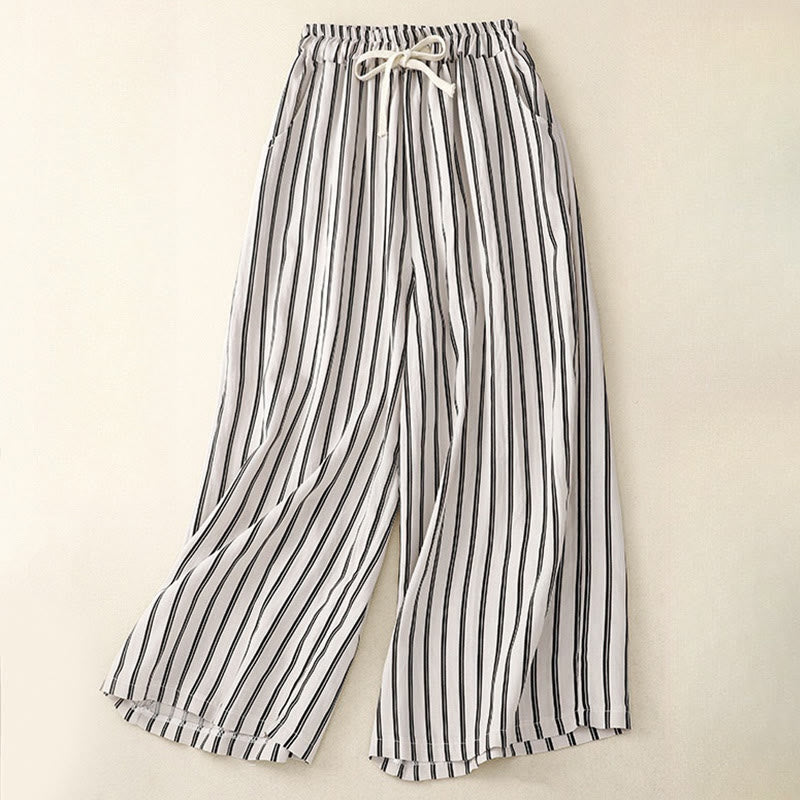 Pantaloni larghi da donna con tasche e lacci a righe in acrilico casual Buddha Stones