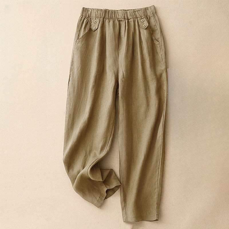 Pantaloni harem da donna in lino e cotone con tasche, modello Buddha Stones, estivi, semplici e casual, lunghezza 7-8, bottoni - Abbronzatura - US8-10, UK/AU12-14, EU40-42 (2XL) - image 0