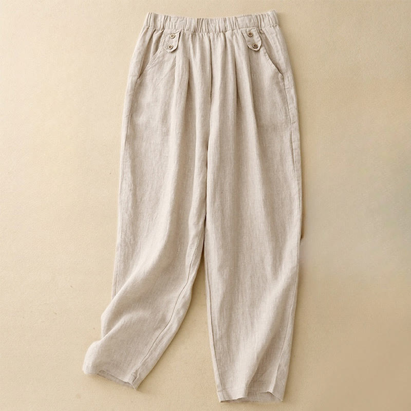 Pantaloni harem da donna in lino e cotone con tasche, modello Buddha Stones, estivi, semplici e casual, lunghezza 7-8, bottoni - Beige - US8-10, UK/AU12-14, EU40-42 (2XL) - image 10