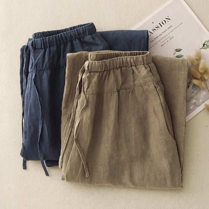 Pantaloni harem da donna in cotone e lino con lacci, con tasche , Buddha Stones, estivi, casual, tinta unita, lunghezza 7-8