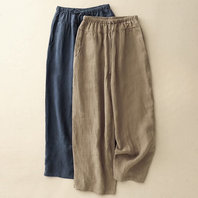 Pantaloni harem da donna in cotone e lino con lacci, con tasche , Buddha Stones, estivi, casual, tinta unita, lunghezza 7-8