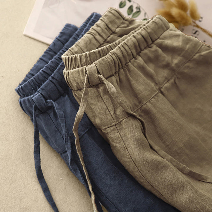 Pantaloni harem da donna in cotone e lino con lacci, con tasche , Buddha Stones, estivi, casual, tinta unita, lunghezza 7-8