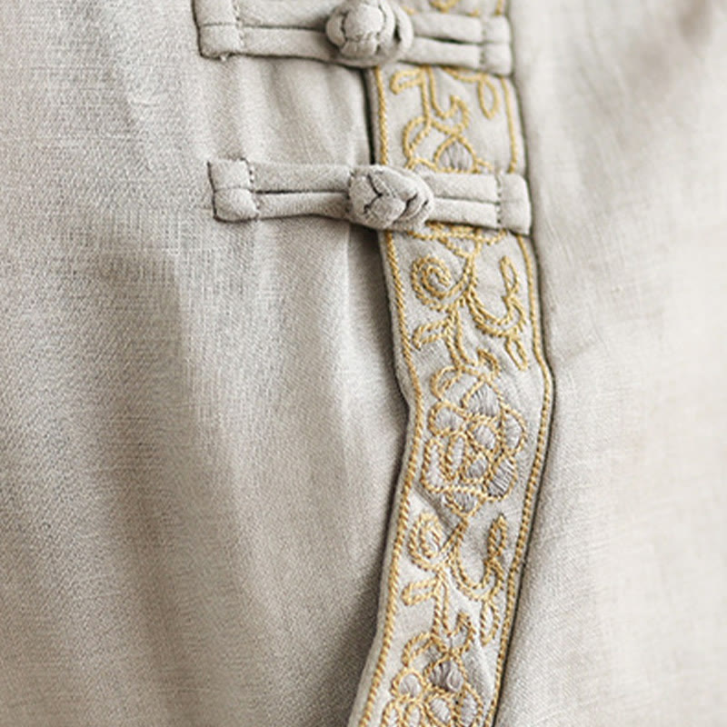 Camicia casual da donna in cotone e lino con maniche corte, modello a fiori ricamati, scollo a giro e bottoni a rana, motivo Buddha Stones - image 11