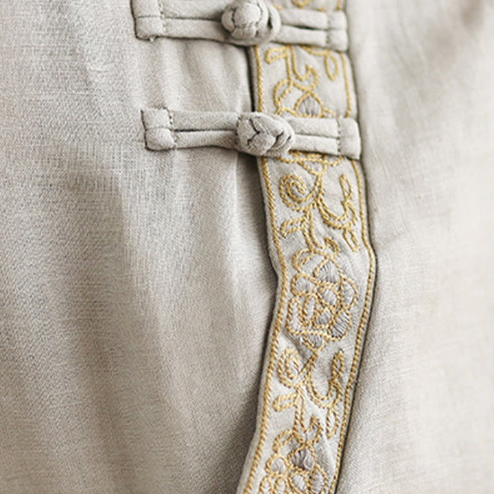 Camicia casual da donna in cotone e lino con maniche corte, modello a fiori ricamati, scollo a giro e bottoni a rana, motivo Buddha Stones - image 11