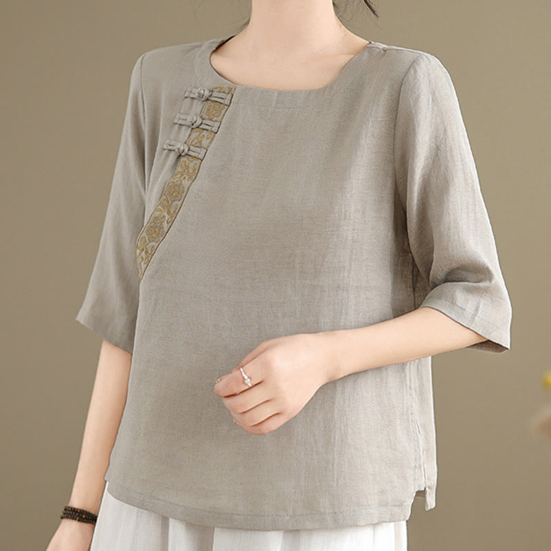 Camicia casual da donna in cotone e lino con maniche corte, modello a fiori ricamati, scollo a giro e bottoni a rana, motivo Buddha Stones - image 5