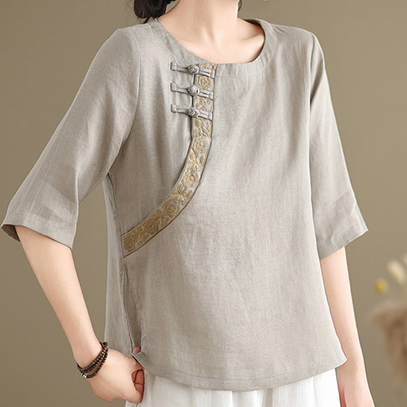 Camicia casual da donna in cotone e lino con maniche corte, modello a fiori ricamati, scollo a giro e bottoni a rana, motivo Buddha Stones - image 1