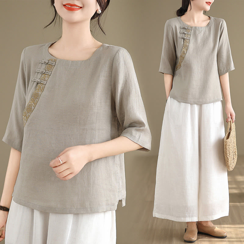 Camicia casual da donna in cotone e lino con maniche corte, modello a fiori ricamati, scollo a giro e bottoni a rana, motivo Buddha Stones - image 6