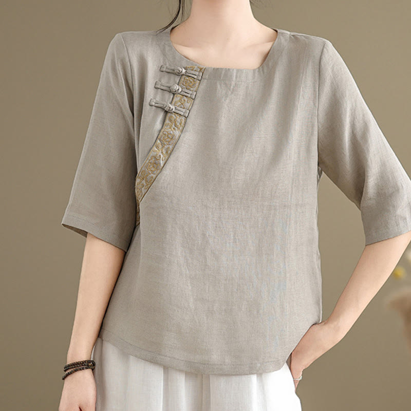 Camicia casual da donna in cotone e lino con maniche corte, modello a fiori ricamati, scollo a giro e bottoni a rana, motivo Buddha Stones - Grigio scuro - US8-10, UK/AU12-14, EU40-42 (2XL) - image 0