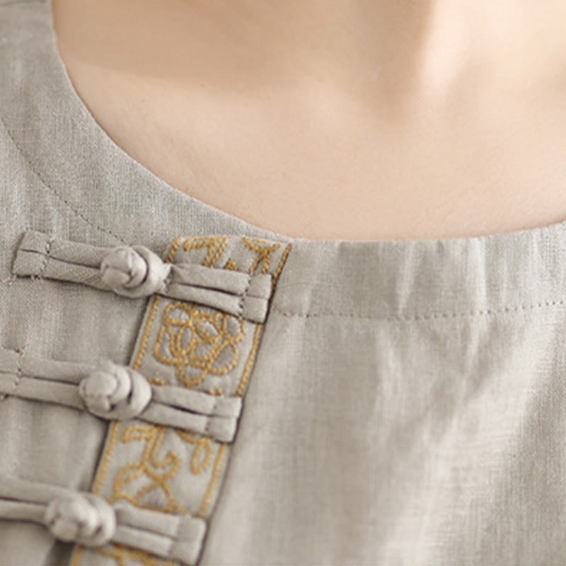 Camicia casual da donna in cotone e lino con maniche corte, modello a fiori ricamati, scollo a giro e bottoni a rana, motivo Buddha Stones - image 7