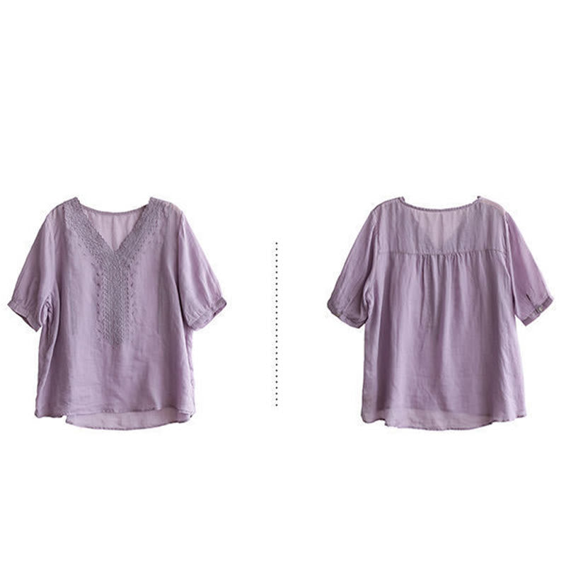 Maglietta da donna in cotone e lino con maniche corte, modello estivo casual ricamato con Buddha Stones scollo a V - image 5