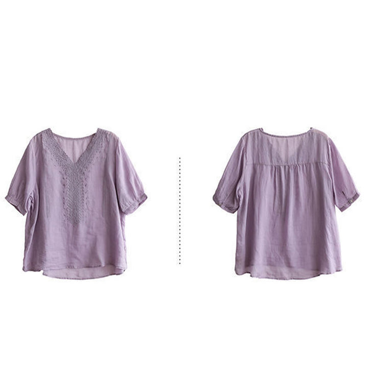 Maglietta da donna in cotone e lino con maniche corte, modello estivo casual ricamato con Buddha Stones scollo a V - image 5